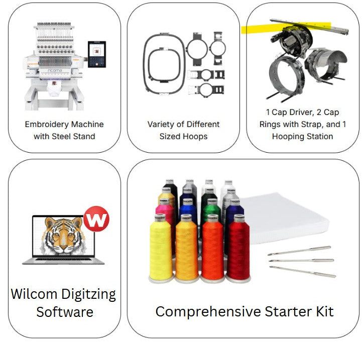 Comprehensive embroidery machine starter kit with various components on a white background.