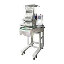 apex GX1201-H compact single-head embroidery machine on its stand, stitching a T-shirt