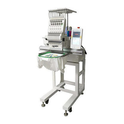 apex GX1201-H compact single-head embroidery machine on its stand, stitching a T-shirt