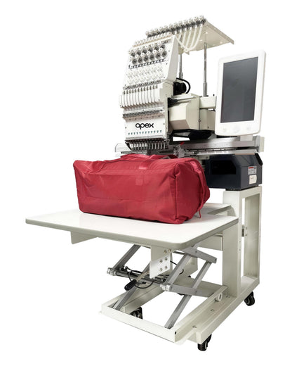 apex GX1201-H stitching a large travel bag, shown on the optional height-adjustable table