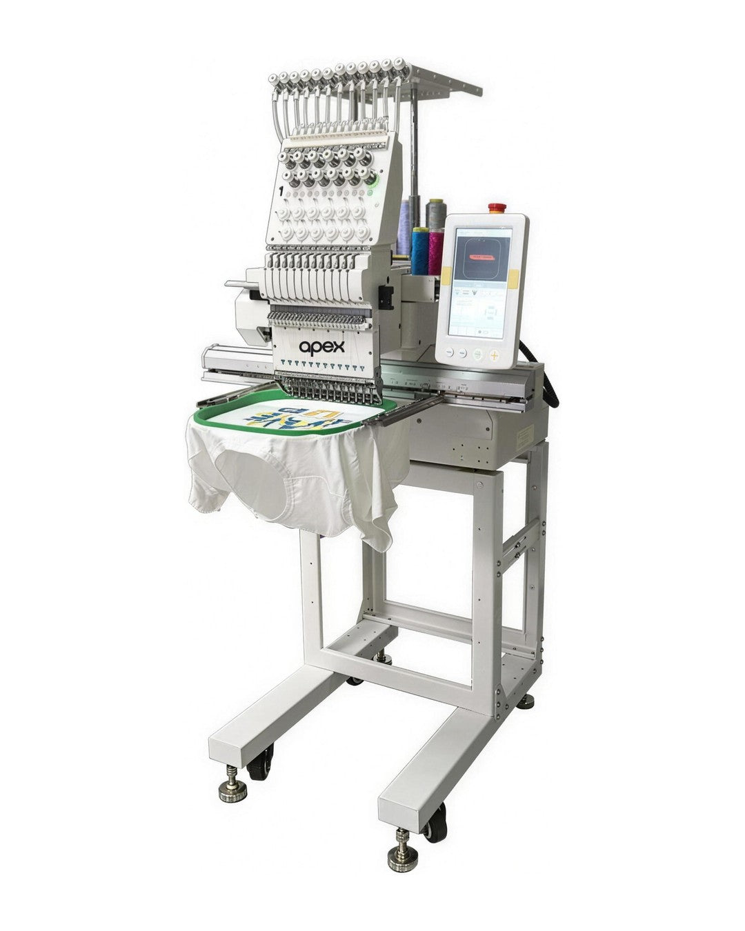 apex GX1201-H compact single-head embroidery machine with a T-shirt in the hoop, portrait view