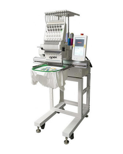apex GX1201-H compact single-head embroidery machine with a T-shirt in the hoop, portrait view
