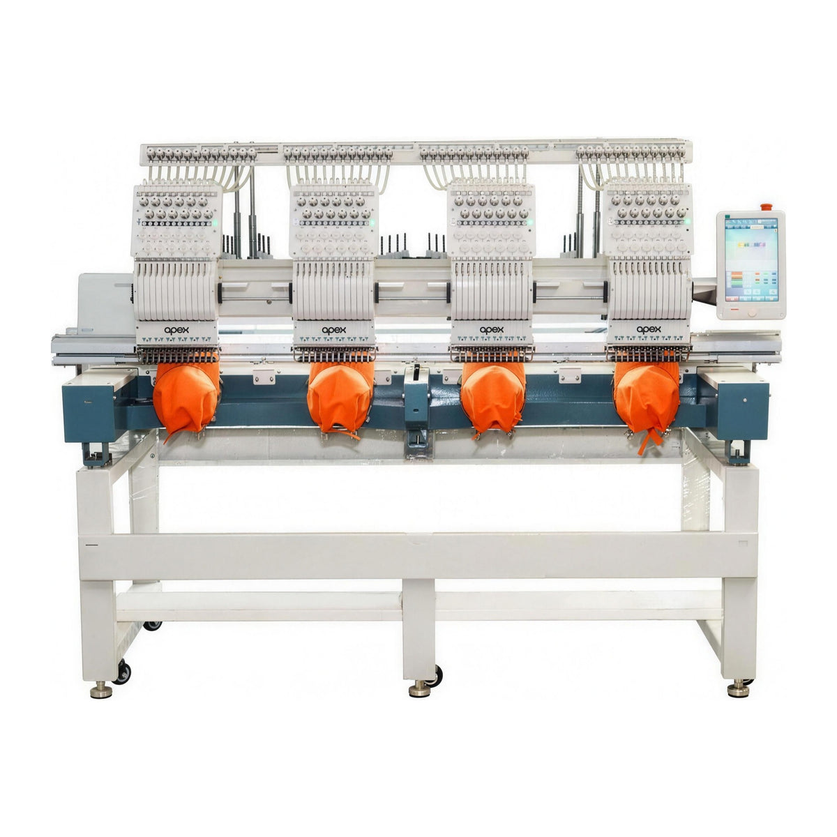 apex GX1204-T 4-head embroidery machine stitching 4 caps, shown with the optional cap kit