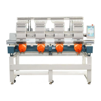 apex GX1204-T 4-head embroidery machine stitching 4 caps, shown with the optional cap kit
