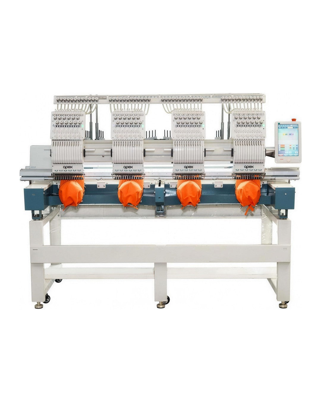 apex GX1204-T 4-head embroidery machine, full view, shown with the optional cap kit
