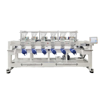 apex GX1206-T 6-head embroidery machine stitching 6 caps, shown with the optional cap kit