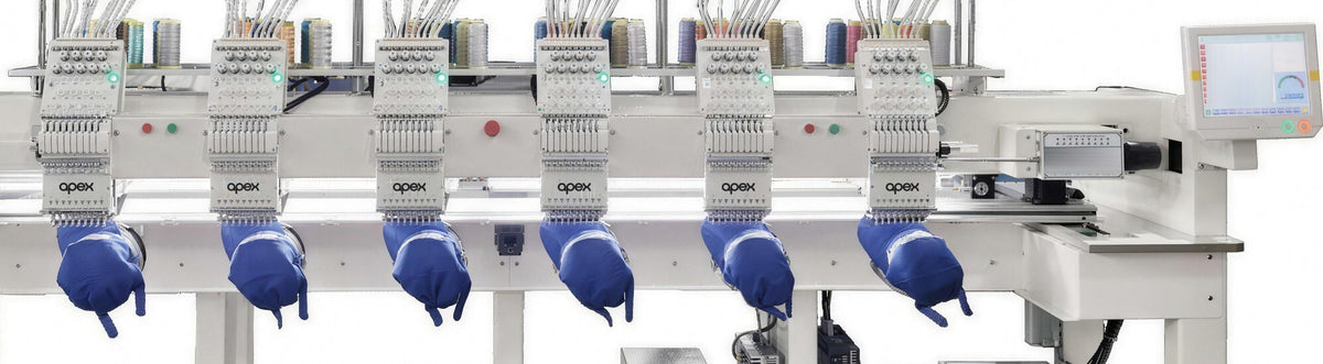 apex GX1206-T embroidery heads and touch screen, close-up, shown with the optional cap kit