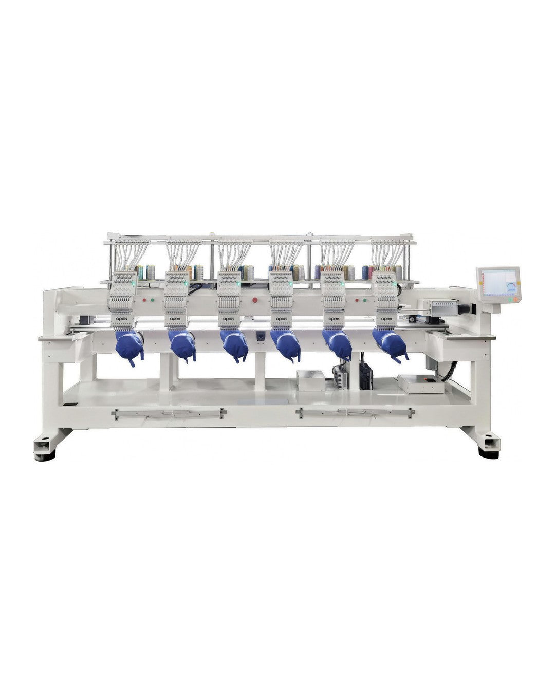 apex GX1206-T 6-head embroidery machine, full view, shown with the optional cap kit