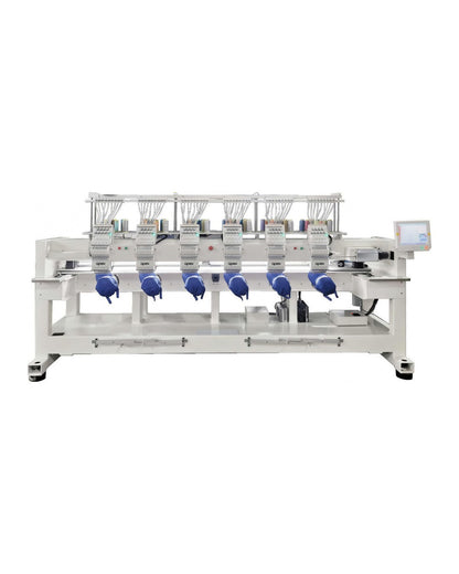 apex GX1206-T 6-head embroidery machine, full view, shown with the optional cap kit