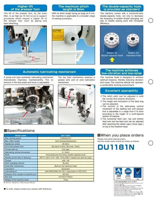 JUKI DU - 1181 1 - Needle Top And Bottom - Feed Lockstitch Machine (Complete Set) - My Sewing Mall