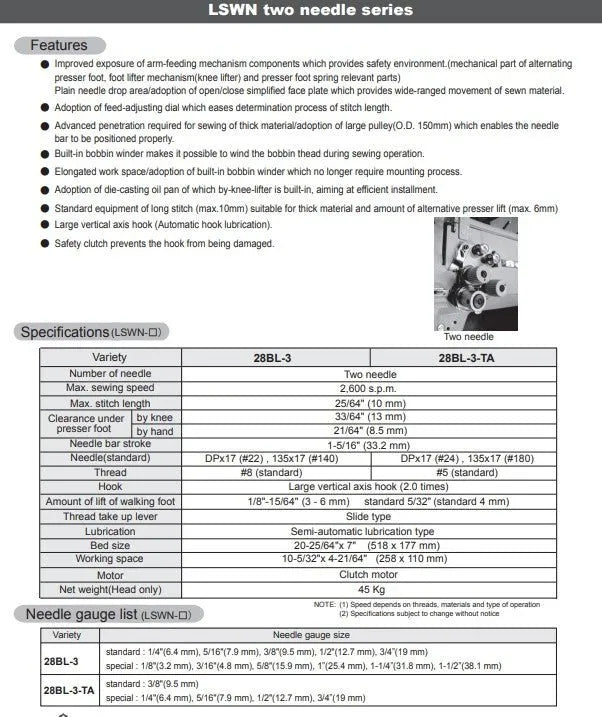 Seiko LSWN - 28BL - 3 Twin Needle Walking Foot Lockstitch Sewing Machine (Complete Set) - My Sewing Mall