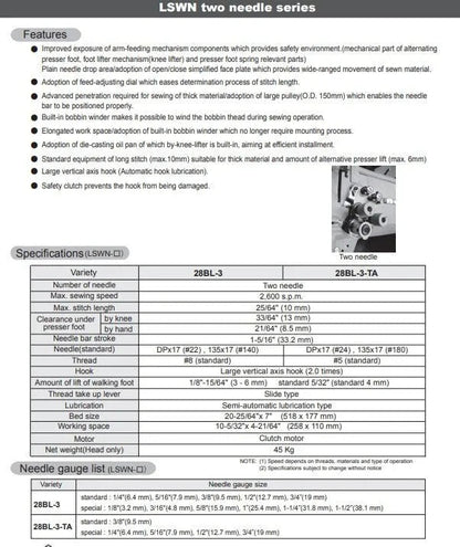 Seiko LSWN - 28BL - 3 Twin Needle Walking Foot Lockstitch Sewing Machine (Complete Set) - My Sewing Mall
